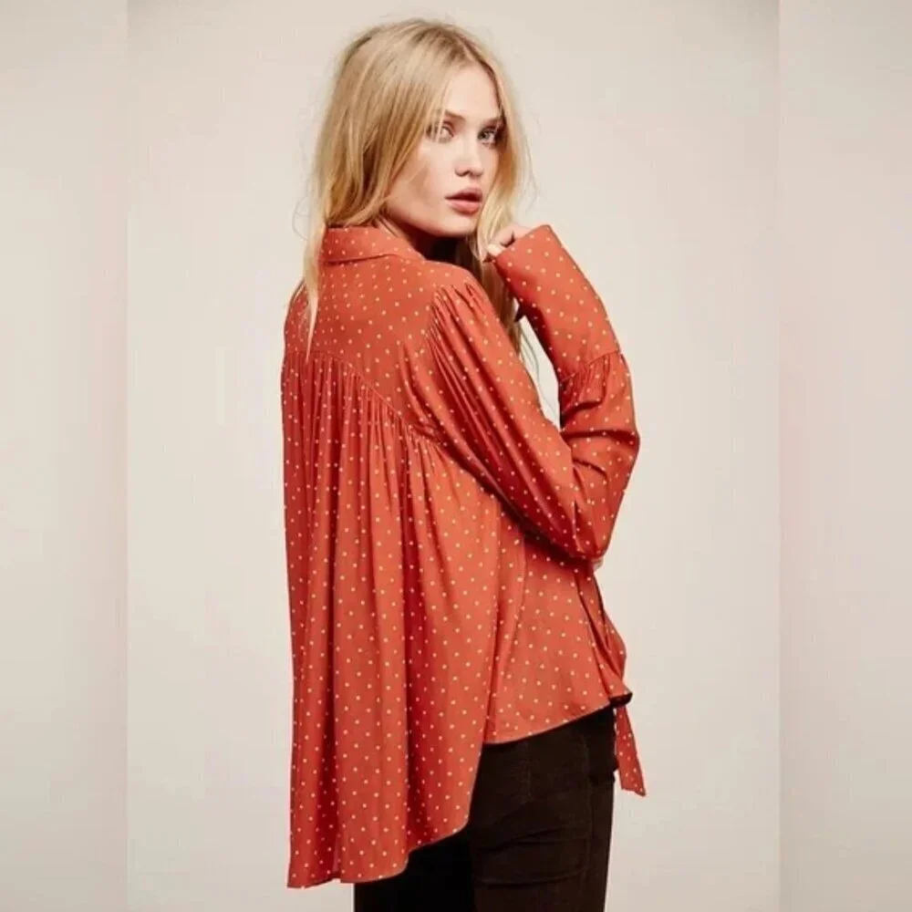 Free People New World Dotted Blouse in Autumn orange combo size X-Small